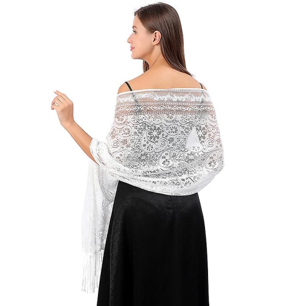 Blomstret blonde mesh pashmina sjal tørklæde med frynser til kvinder til fest, galla og bryllup Cashew white