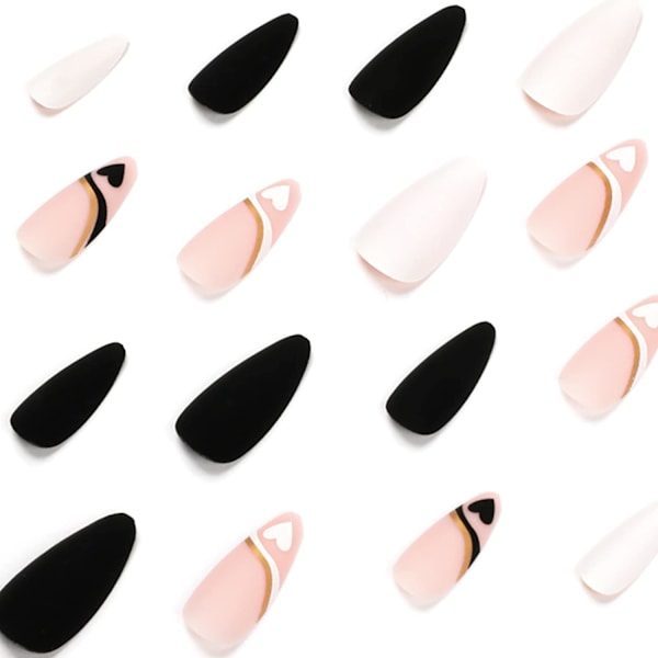 24 stk. (Mandel Sort Pink Hjerte) Tryk på Negle Medium, Mandel Kunstige Negle med Design, Akryl Falske Negle med Neglelim på Negle til Kvinder