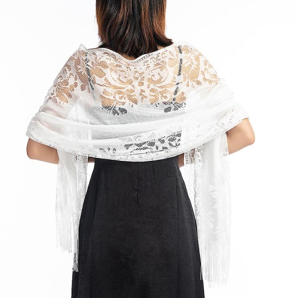 Blomstret blonde mesh pashmina sjal tørklæde med frynser til kvinder til fest, galla og bryllup White