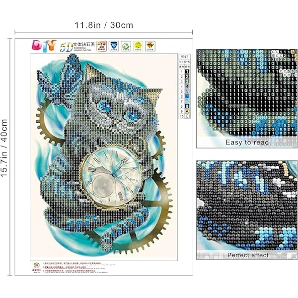 DIY 5d Diamantmålning efter nummer Kit (30*40cm, Klockkatt), Diamantmålning, Diamantbroderi Katt, Strassbroderi Korsstygnskonst Canvas