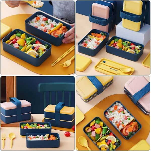 Bento lunchlåda, 1400 ml dubbelskikts matlåda med bestick, mikrovågsugnslåda, lunchlåda med 2 fack, picknicklåda för barn och vuxna
