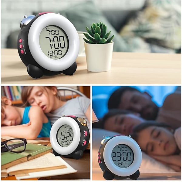 Ringande digital väckarklocka (svart och rosa) med valfria dubbla larminställningar Snooze-funktion Nattlampa sängbords batteridriven klocka