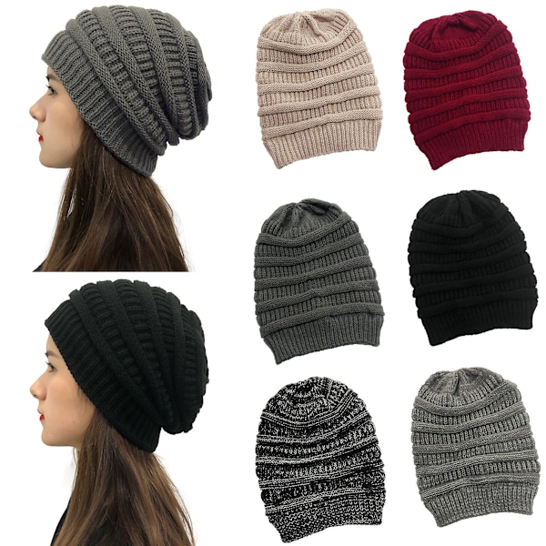Vinterstrikkede Beanies til Kvinder, Silke Satinforet Tyk Hue Blød Strækbar Kabelstrikket Varm Slouchy Beanie Hue Deep Gray
