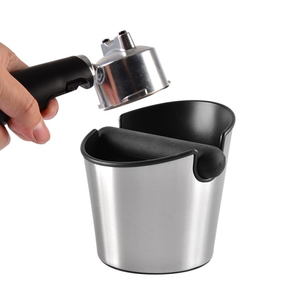 Knockbox, svart kaffetillbehör Matt silver rund - Knockbox för kaffesump med speciell ljudabsorberande slagstång - malet kaffeförvaringsbox ba