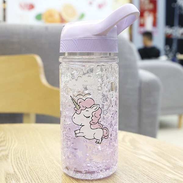 Violte Unicorn Vannflasker for Jenter, Kopp med Sugerør og Sikkerhetslås, Rosa Utvendig Innvendig Vannflaske, 500ml/13.5oz for Skolebarn Jente Unicorn L