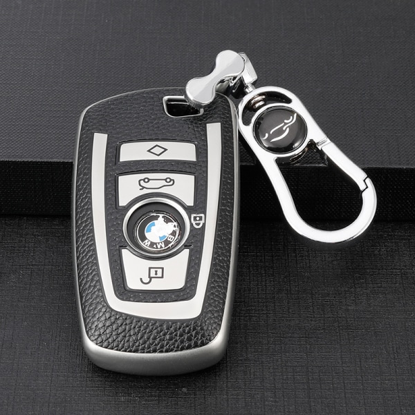 För BMW-nyckelring med lädernyckelring, avancerad mjuk TPU-yta lädernyckelhållare för klassisk stil BMW Smart Key (silver)