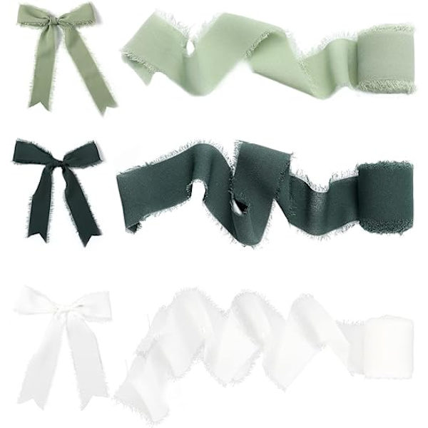 3 rullar chiffongband vita, ljusgröna, mörkgröna, 4 cm x 5,5 yards färgade tofssidenband, används för bröllopsinbjudan bukett presentförpackning