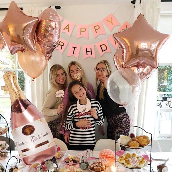 34 st Roséguld Partydekorationer Grattis på födelsedagen Konfettiballonger med Banner, Jätte Champagne Folieballonger, Stjärna Hjärta Folieballonger, Silkespapper Pom