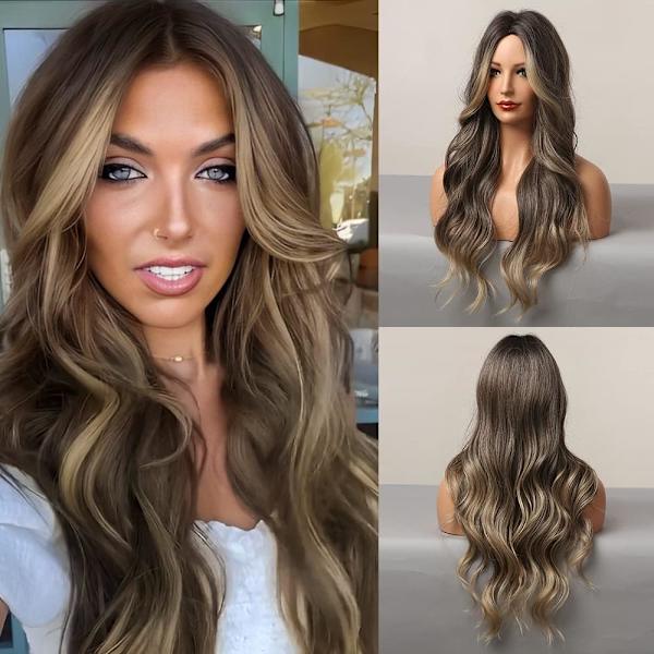 Lange brune parykker for kvinner, syntetisk hår med highlights, bølgete parykk for cosplay,