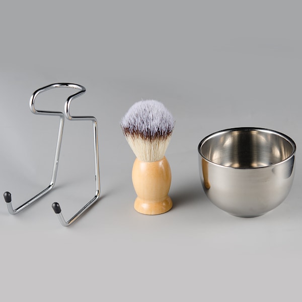 Barbersett for menn i rustfritt stål, barberkost med trehåndtak