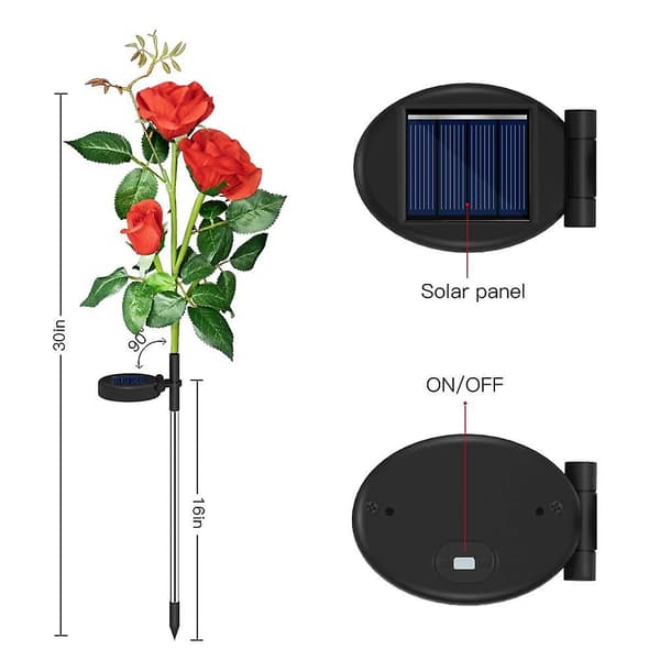 Solcelle Hagelys Utendørs, 2 stk Hagestake Lamper Med 6 Roseblomster Solcelle Roselys For Blomsterbed RED
