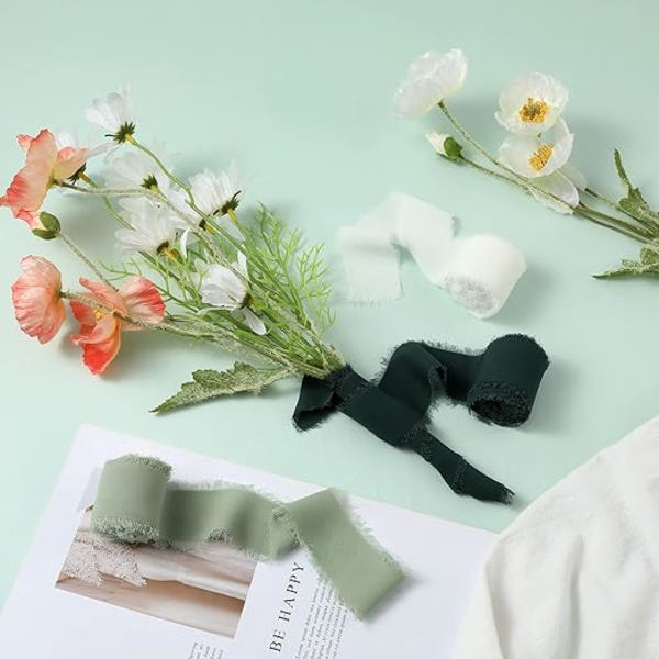 3 rullar chiffongband vita, ljusgröna, mörkgröna, 4 cm x 5,5 yards färgade tofssidenband, används för bröllopsinbjudan bukett presentförpackning