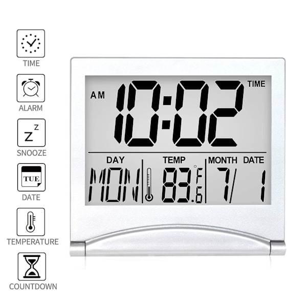 Lydløs LCD Digital Stor Skærm Rejse Foldbart Elektronisk Vækkeur Med Temperatur Dato Tid Kalender White