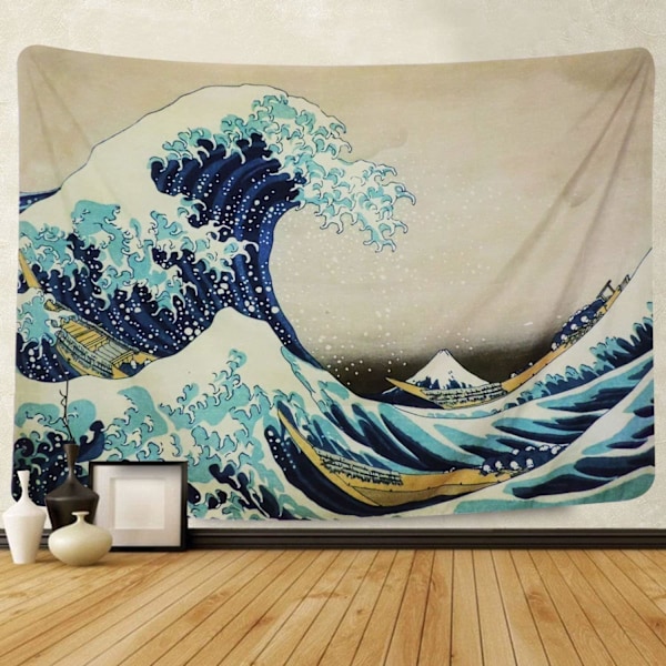 Vægophængt Gobelin - Kanagawa Vægtæppe, Kunstneriske Mønstre Inspireret af Naturen - Dekoration til Stue, Soveværelse, Kollegieværelse, Bølge, 200x150cm