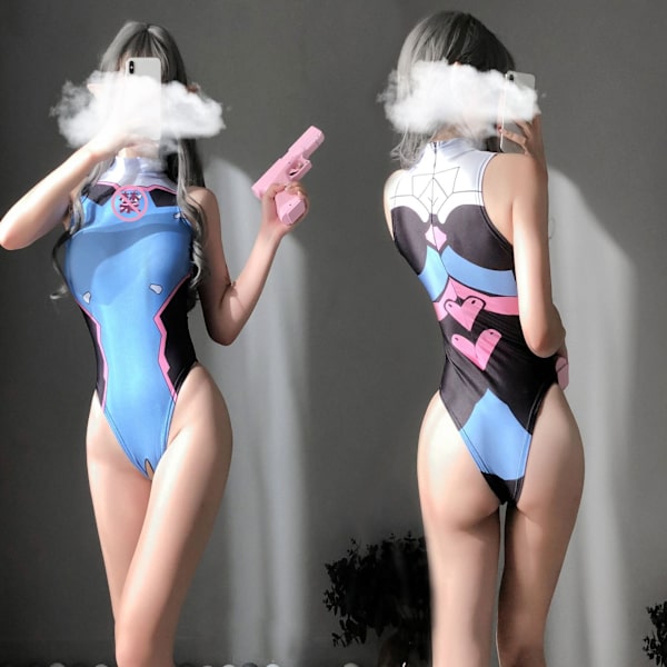 Sexet anime-rollelegskostume til kvinder (blå), Kawaii undertøj ét stykke højtaljet badedragt badedragt højtaljede tights