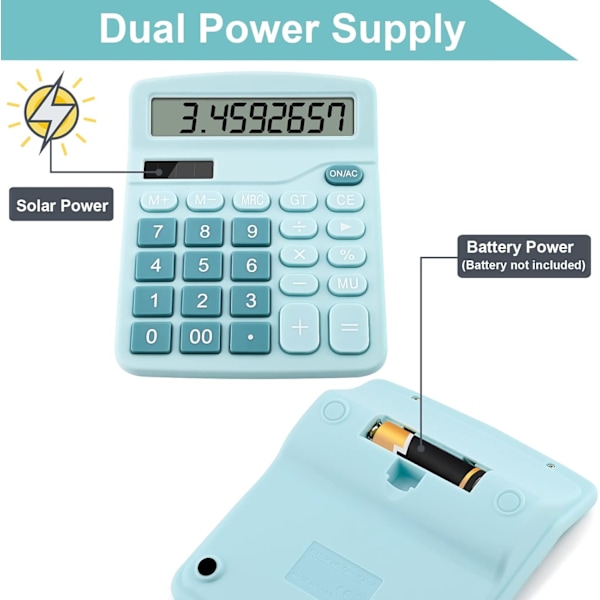 (Blå) Stor 12-cifret Dual Powered Basis Skrivebordslommeregner, Solar og Batteri Dual Powered Basis Skrivebord, Skole, Hjem og Virksomhed