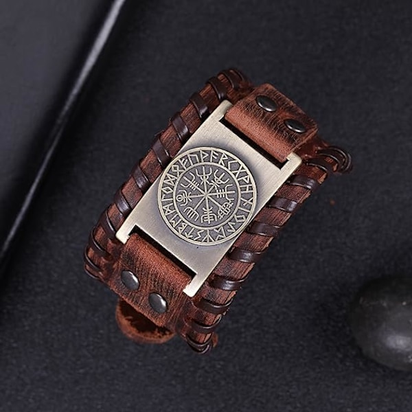 Nordiske Vikinger Rune Amulet Læderarmbånd Antik Rød Bronze Islandsk vegetarisme symboliserer held og velsignelse