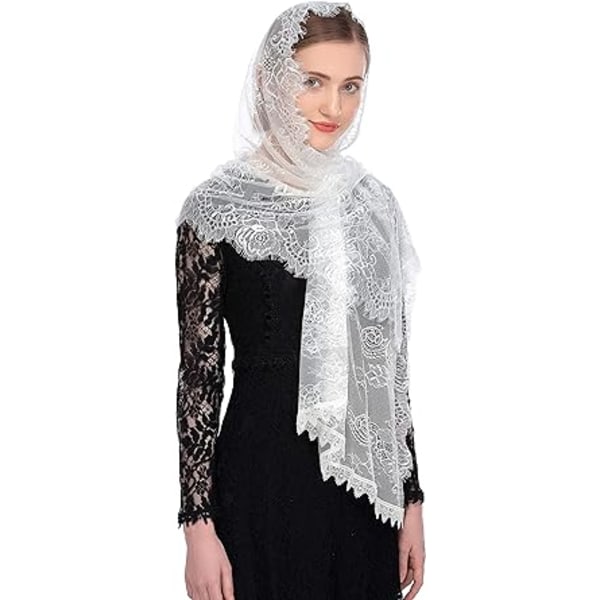 (Hvit) Katolsk Kapellslør Spansk Blonde Blomstret Mantilla Slør Sjal Messe Hodeplagg Rektangulær Form