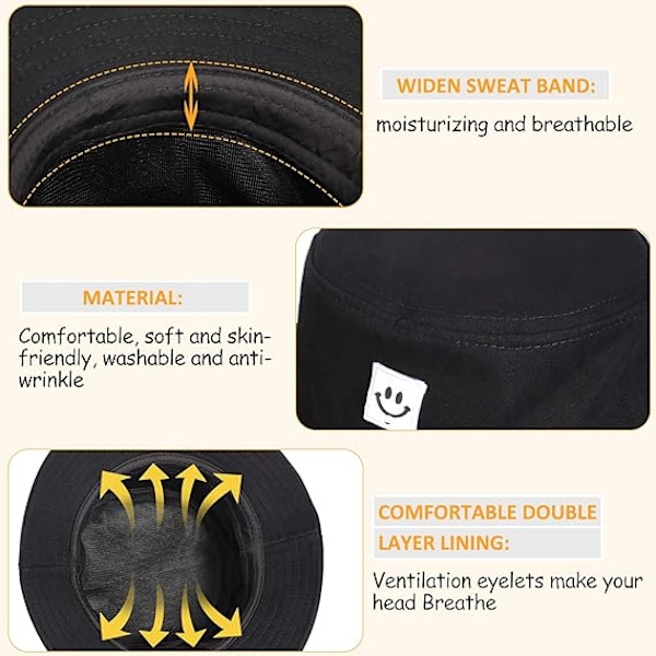 Todelersett (svart og beige) bambushatt, solhatt for barn, solhatt med smilefjes, solbeskyttende reisehatt, fiskehatt for gutter og jenter