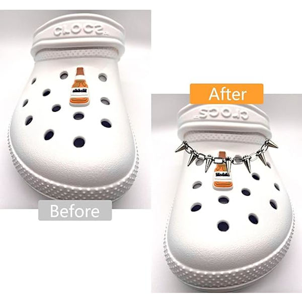 Kaksiosainen setti mustia Croc-koruja, punk-niitti kapeneva metallinen koruketju, käytetään tee-se-itse-koristeluun, vapaa-ajan kenkiin ja sandaalitarvikkeisiin, käytetään juhlalahoina
