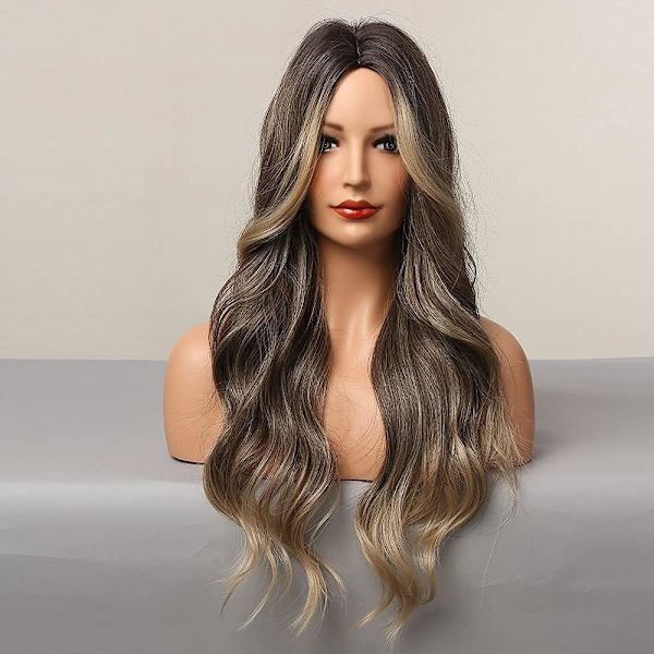 Lange brune parykker for kvinner, syntetisk hår med highlights, bølgete parykk for cosplay,
