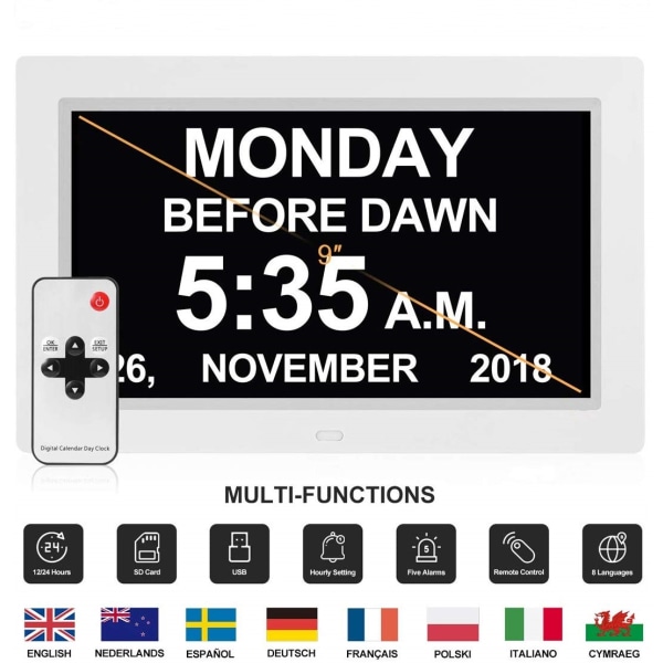 Digital Kalender Dag Klokke Fotoramme (9-tommers svart) - Automatisk Dimming Display, Stor Synshemmet Digital Klokke, med Ikke-Forkortet Dag og M