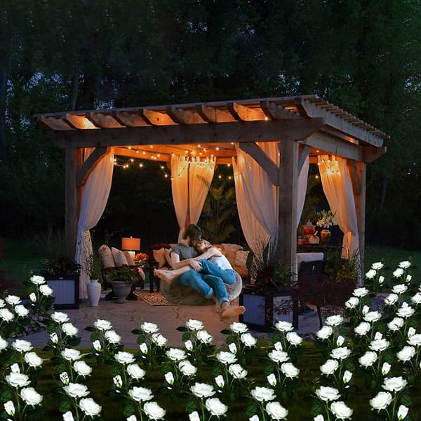 Solcellehavelamper udendørs, 2 stk. havelamper med 6 rosenblomster, solcelle rosenlamper til blomsterbed WHITE