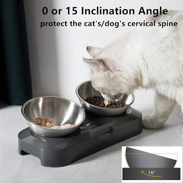 Hævet Katte- og Hundeskål i Rustfrit Stål, 400ml x2 Dobbelt Skål til Katte- og Hundefodring, Skridsikker og Spildfri