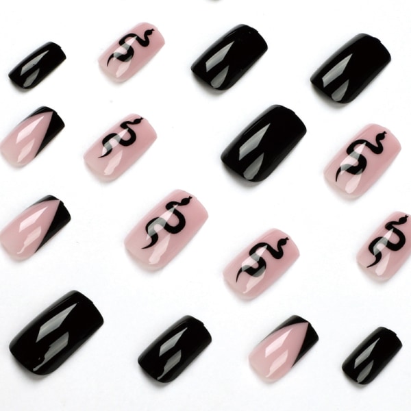 24 st Press (svart fransk blomma) på naglar Medium, falska naglar mandellim på naglar, lösnaglar med lim, akrylnaglar för kvinnor och flickor
