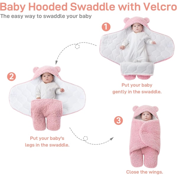 Unisex Baby Swaddle Filt, Baby Nest Sovsäck, Hooded Swaddle Sovsäck för Födelse-Rosa-S(0-3 Månader)