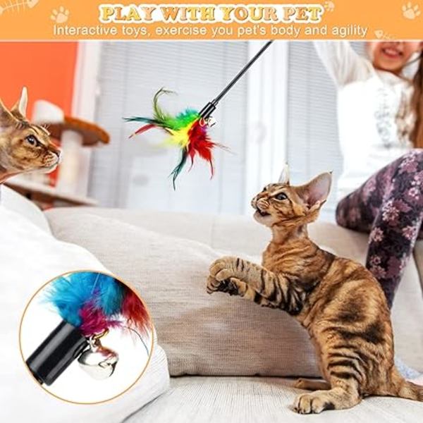 Katt leksaker LED-pekare, 8 i 1 katt spårare trollstav USB uppladdningsbar katt penna ljus katt fjäder leksaker interaktiva katt jagare leksaker för inomhuskatter kattungar husdjur