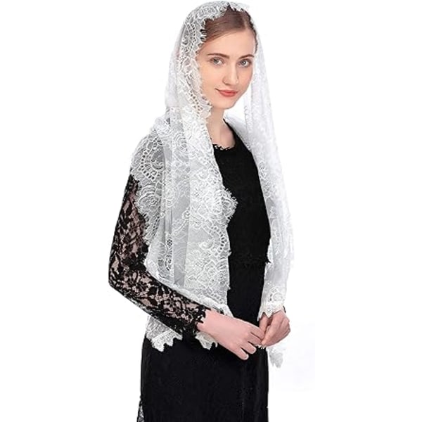 (Hvit) Katolsk Kapellslør Spansk Blonde Blomstret Mantilla Slør Sjal Messe Hodeplagg Rektangulær Form