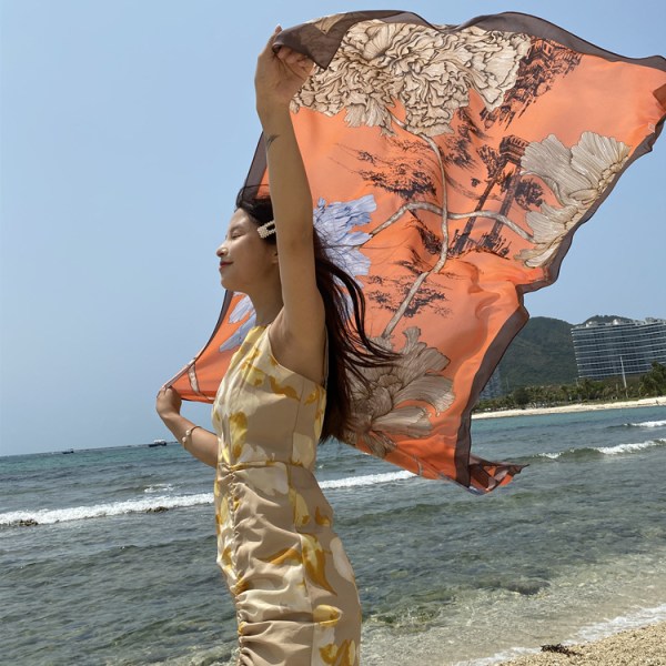 En (90*180cm) sommarsolkrämscarf,Sidenscarfs Dam Chic Style Vintage Målningar Mönster Etnisk stil Lång Scarf Grand Shawl Beach Wrap Dress Sun p