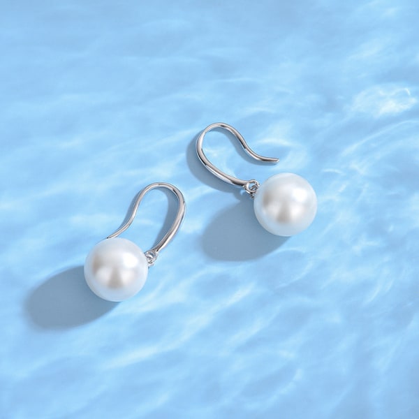 Sterling silver vita pärlorhängen (platina), enkla och klassiska örhängen