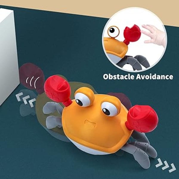 Baby krabba musikaliska leksaker (orangegul), elektroniska upplysta krypleksaker för toddler med automatiskt hinder, mobilleksaker för toddler
