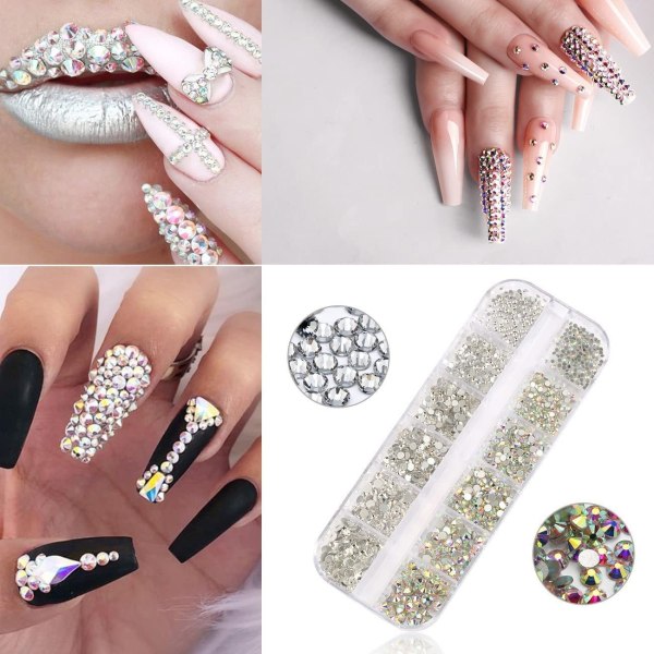 Neglekunst Klar Krystall Rhinestone Trio Sett (Rosa) med Pinsett og Rhinestone Plukke Dotting Penn, Profesjonelle Neglediamanter for Neglesalong
