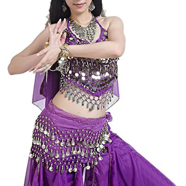 Hip Scarf til mavedans, Kvinders mavedans tørklæde med mønter Skørter til mavedans, Zumba eller Yoga klasse Purple