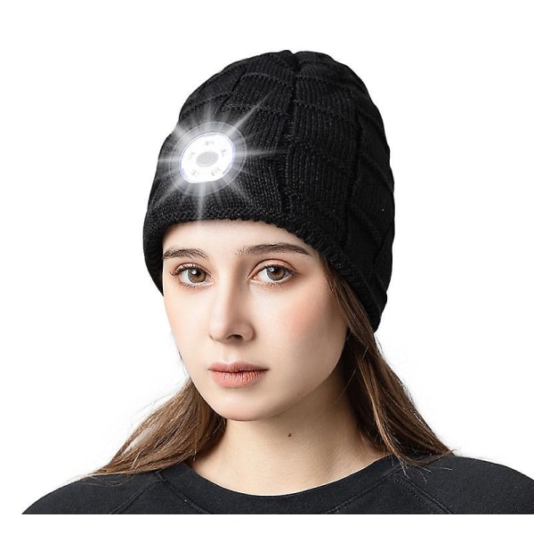 LED-valolla varustettu pipo USB-ladattava unisex talvipipo neulottu valolla Black