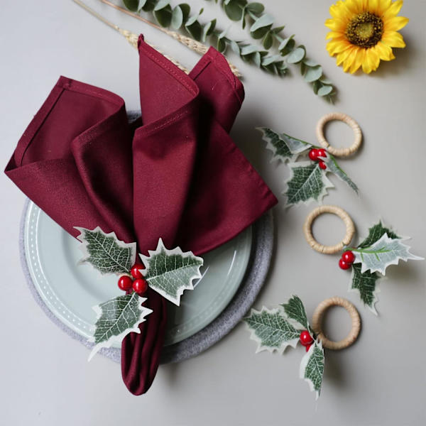 Julgransprydnad Servettringar Set om 6, Bondgårdsstil Holly Berry Servettringhållare, Handgjorda Rustika Servettspännen Hållare för Jul, Thanksgiving