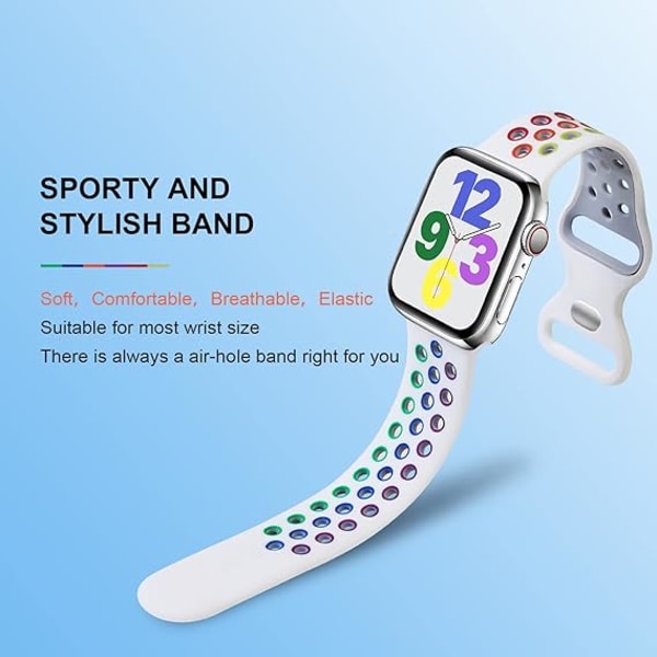 Sportrem i silikon i två färger (vit regnbåge, ingår inte i watch), kompatibel med Apple Watch rem - Sport smart watch 42/44/45/49 mm,
