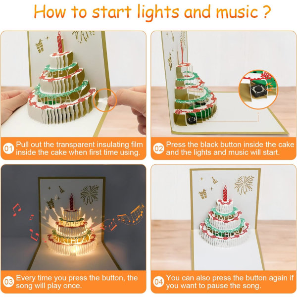 Syntymäpäiväkortti, Onnittelukortti naisille, Kakku-kutsu musiikilla ja valoilla, 3D Pop Up -kortti tytölle pojalle kultaisella kirjekuorella