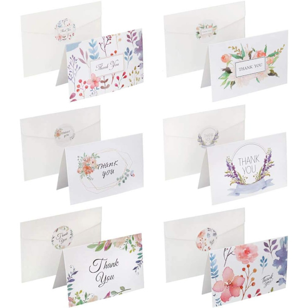 Sett med 12 blomstrete takkekort med 6 forskjellige design. Med konvolutter og 12 klistremerker for bryllup, babyshower, Thanksgiving takkekort