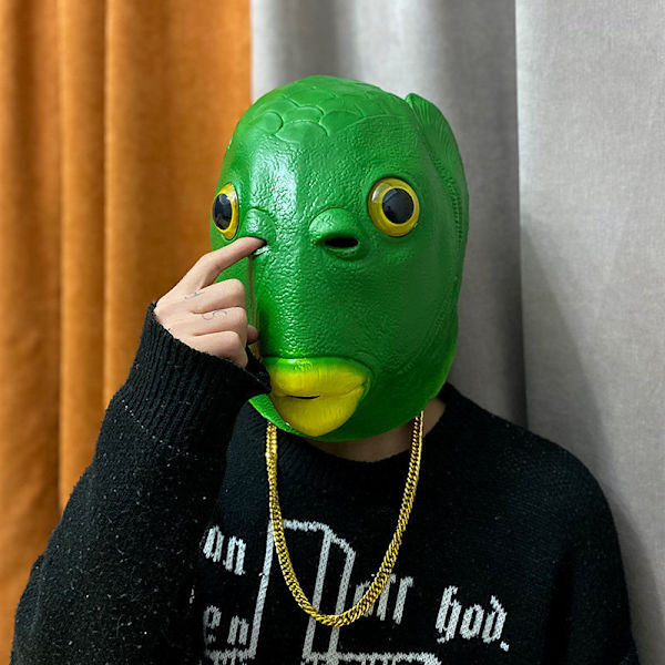 Fiskhuvudbonad, Grön fiskmanhuvudbonad [Solglasögon + Guld Halsband], Husdjurshuvudbonad Kostymtillbehör för Halloween, Jul, Karneval, Maskerad.