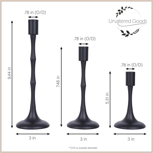 Taper Ljushållare Set om 3 | Avsmalnande ljusstake med filtbotten – dekorativ 3-tums svart ljusstake för bröllop, middag och morgon
