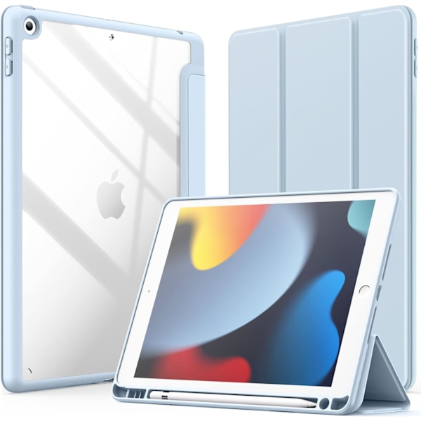Vaaleansininen suojakotelo iPad 10.2 tuumalle (9./8./7. sukupolvi, 2021/2020/2019) kynätelineellä, läpinäkyvä ohut takakansi, iskunkestävä jalusta tabletti