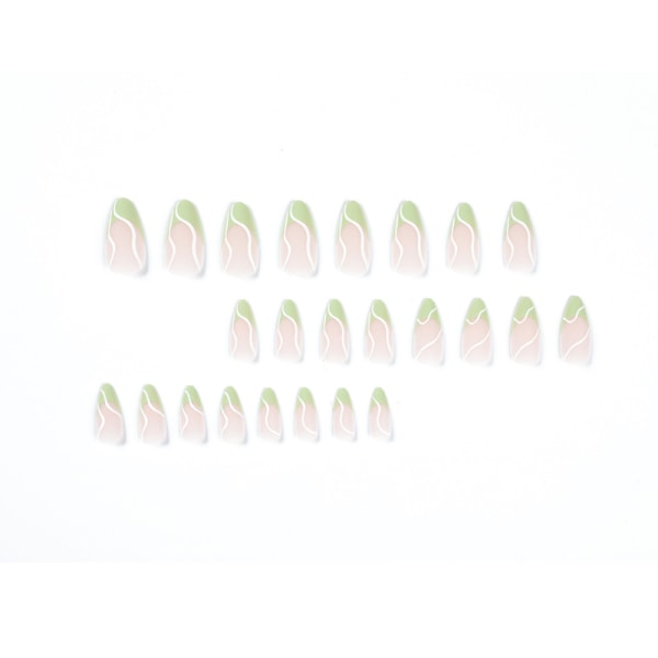 24 bitar av frostad grön kant med naglar i fransk stil, vita vågiga trycknaglar, vackra korta lösnaglar, nagellim, roterande oval för kvinnor