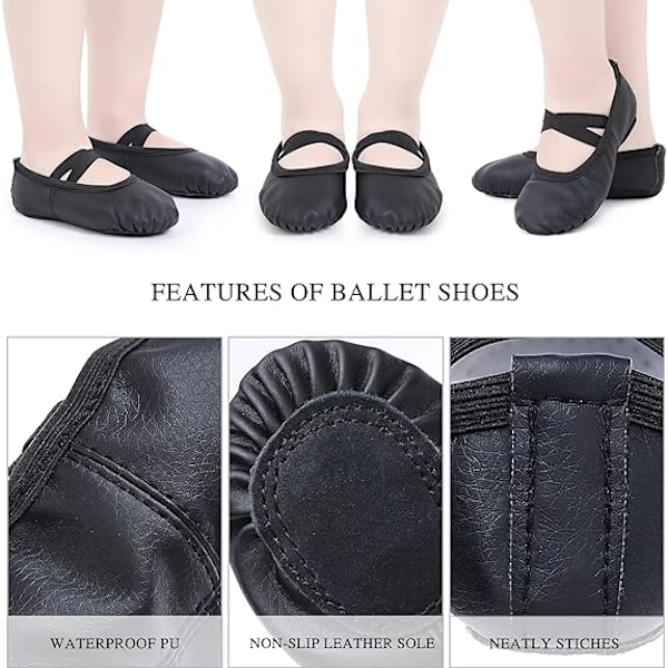 Ballettsko i skinn for jenter, dansesko, yoga, gymnastikk, splittsulesko, størrelse 39, svart