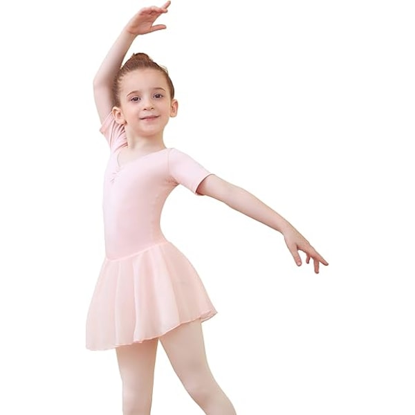 Balletkjole til piger, balletdragt til børn, V-hals, kort/langærmet gymnastikdragt, dansebeklædning med chiffonskørt