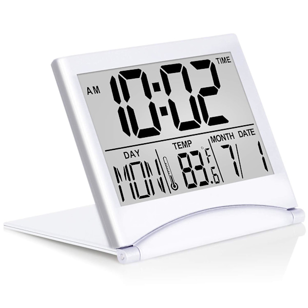 Lydløs LCD Digital Stor Skærm Rejse Foldbart Elektronisk Vækkeur Med Temperatur Dato Tid Kalender White