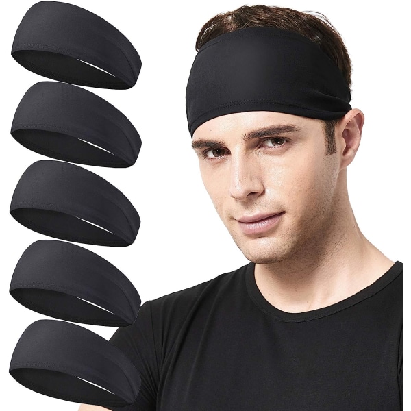 svart löparpannband för män, 5-pack, svettband för män Sportpannband för löpning, cykling, basket, yoga, fitness Stretchigt unisex -hårband